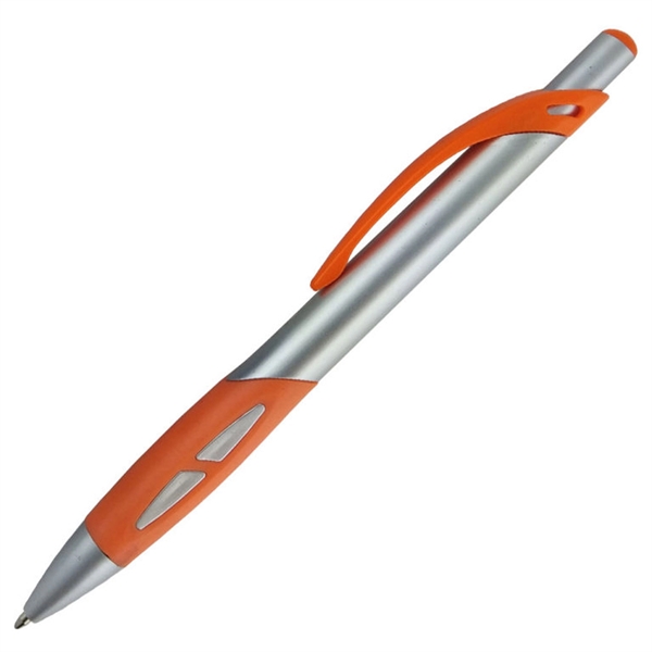 Ballpoint pen with a silver barrel and a uniquely-shaped colored rubber... from ASI 90859 Tempo Industries Inc
