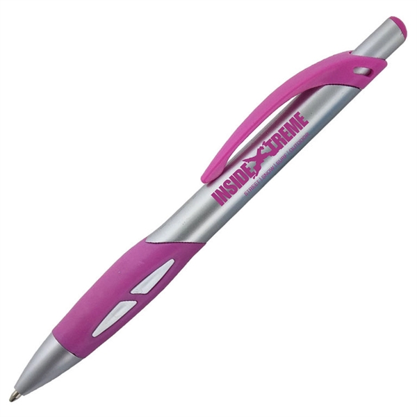 Ballpoint pen with a silver barrel and a uniquely-shaped colored rubber... from ASI 90859 Tempo Industries Inc