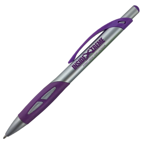 Ballpoint pen with a silver barrel and a uniquely-shaped colored rubber... from ASI 90859 Tempo Industries Inc