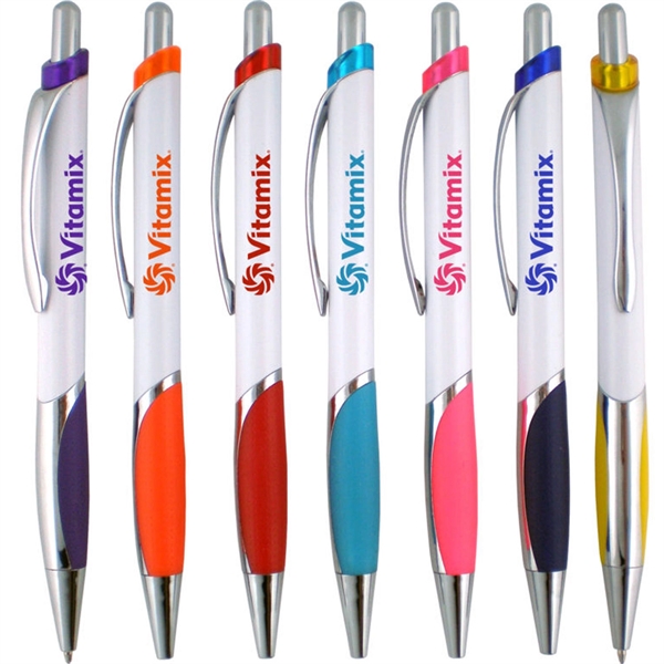Ballpoint pen with a white barrel and rubber comfort grip.... from ASI 90859 Tempo Industries Inc