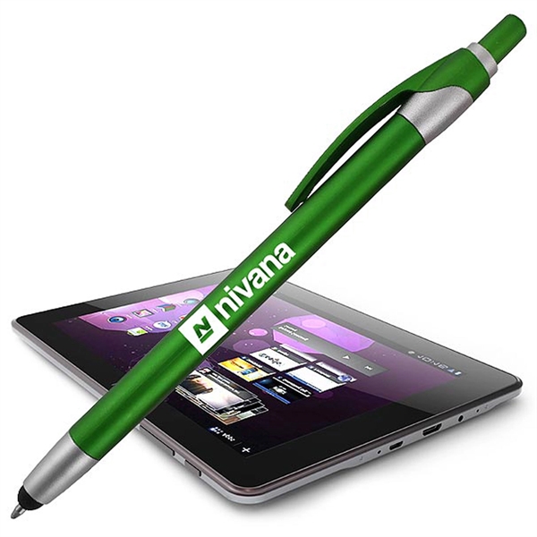 Click-action stylus pen with long slim body, metallic color barrels, and... from ASI 90859 Tempo Industries Inc