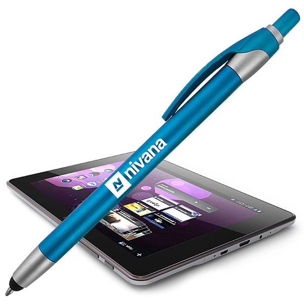 Click-action stylus pen with long slim body, metallic color barrels, and... from ASI 90859 Tempo Industries Inc