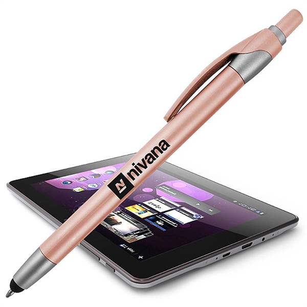 Click-action stylus pen with long slim body, metallic color barrels, and... from ASI 90859 Tempo Industries Inc