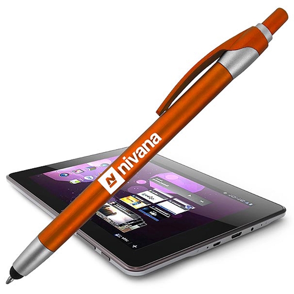 Click-action stylus pen with long slim body, metallic color barrels, and... from ASI 90859 Tempo Industries Inc