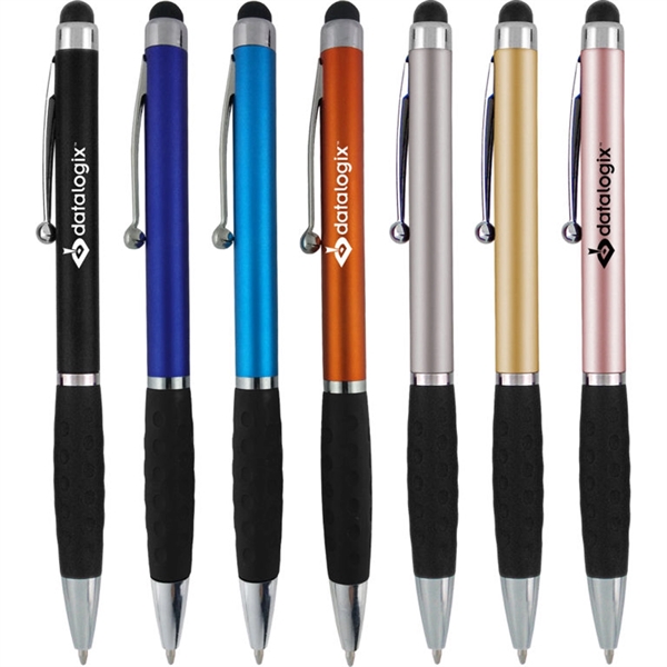 Metallic colored twist-action pen featuring a detailed comfort grip and soft-touch... from ASI 90859 Tempo Industries Inc