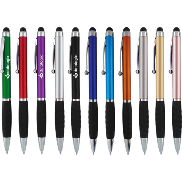 Metallic colored twist-action pen featuring a detailed comfort grip and soft-touch... from ASI 90859 Tempo Industries Inc
