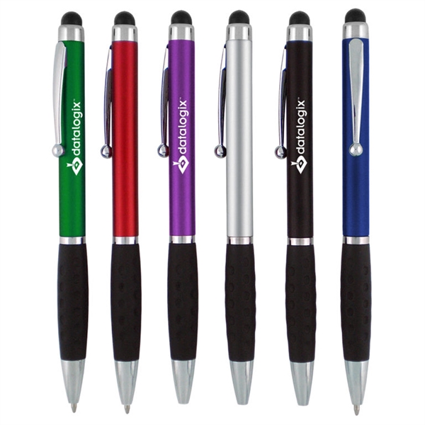 Metallic colored twist-action pen featuring a detailed comfort grip and soft-touch... from ASI 90859 Tempo Industries Inc