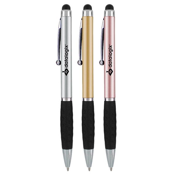Metallic colored twist-action pen featuring a detailed comfort grip and soft-touch... from ASI 90859 Tempo Industries Inc