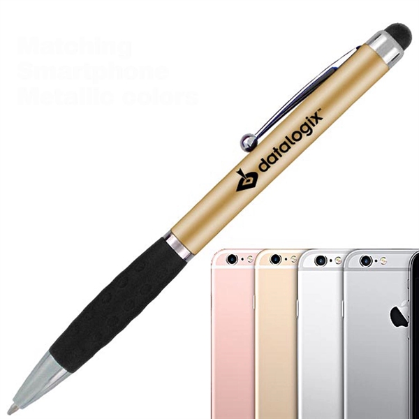 Metallic colored twist-action pen featuring a detailed comfort grip and soft-touch... from ASI 90859 Tempo Industries Inc