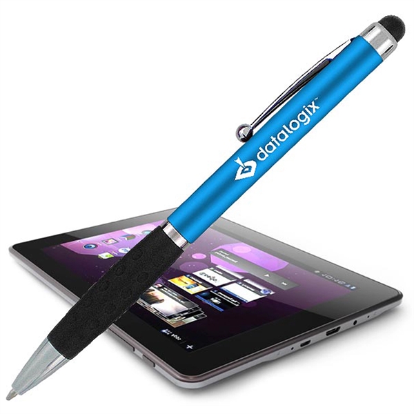 Metallic colored twist-action pen featuring a detailed comfort grip and soft-touch... from ASI 90859 Tempo Industries Inc