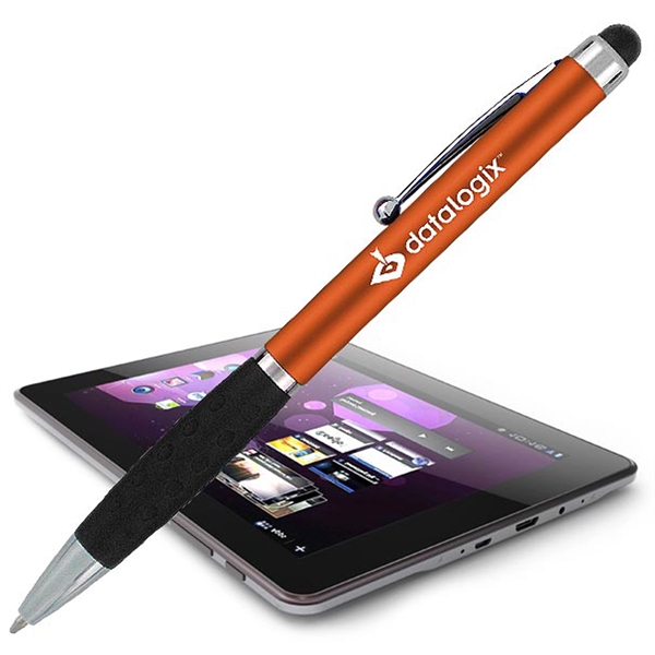 Metallic colored twist-action pen featuring a detailed comfort grip and soft-touch... from ASI 90859 Tempo Industries Inc