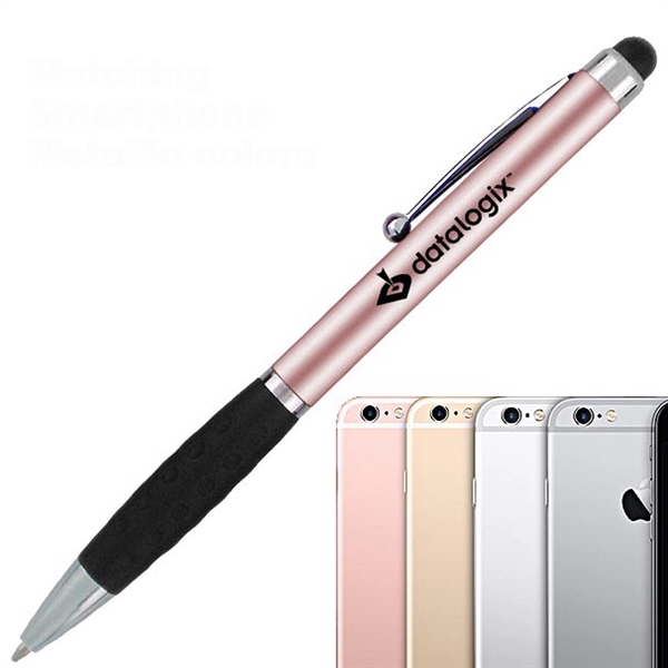 Metallic colored twist-action pen featuring a detailed comfort grip and soft-touch... from ASI 90859 Tempo Industries Inc