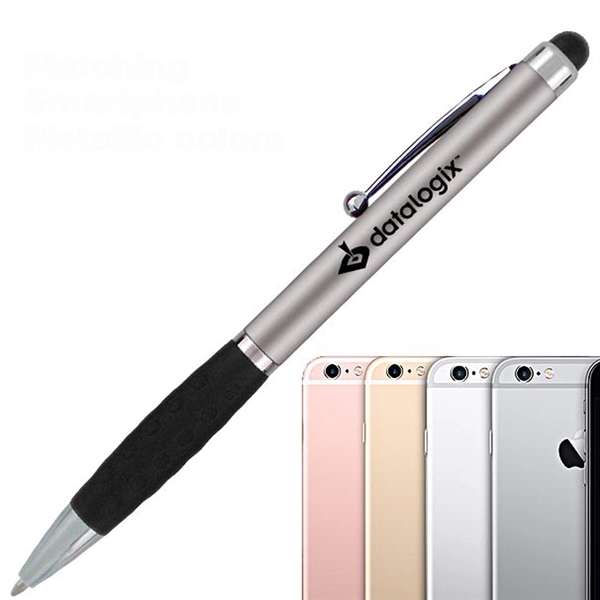 Metallic colored twist-action pen featuring a detailed comfort grip and soft-touch... from ASI 90859 Tempo Industries Inc