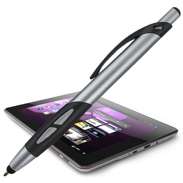 Silver click-action pen with a stylus for use on touchscreens.... from ASI 90859 Tempo Industries Inc