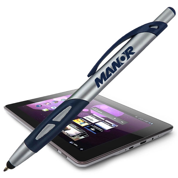 Silver click-action pen with a stylus for use on touchscreens.... from ASI 90859 Tempo Industries Inc
