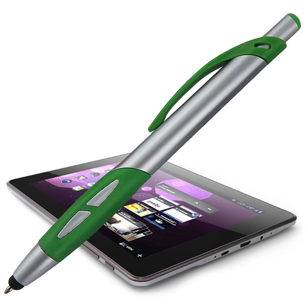 Silver click-action pen with a stylus for use on touchscreens.... from ASI 90859 Tempo Industries Inc
