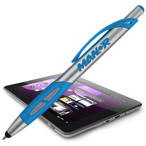 Silver click-action pen with a stylus for use on touchscreens.... from ASI 90859 Tempo Industries Inc