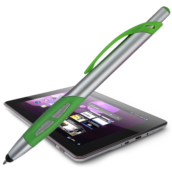 Silver click-action pen with a stylus for use on touchscreens.... from ASI 90859 Tempo Industries Inc