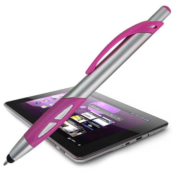 Silver click-action pen with a stylus for use on touchscreens.... from ASI 90859 Tempo Industries Inc