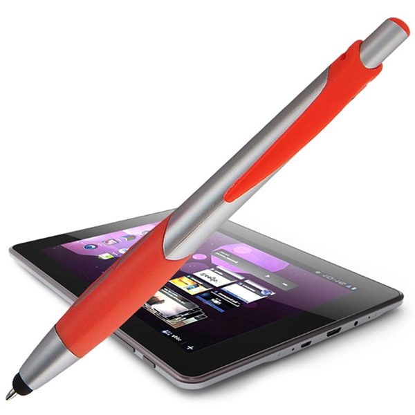 Silver click-action pen with a stylus for use on touchscreens.... from ASI 90859 Tempo Industries Inc