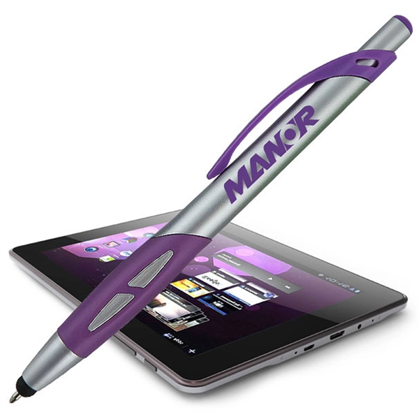 Silver click-action pen with a stylus for use on touchscreens.... from ASI 90859 Tempo Industries Inc