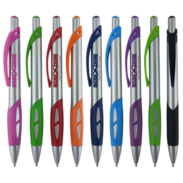 Silver click-action pen with a stylus for use on touchscreens.... from ASI 90859 Tempo Industries Inc