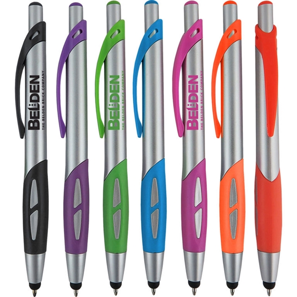Silver click-action pen with a stylus for use on touchscreens.... from ASI 90859 Tempo Industries Inc