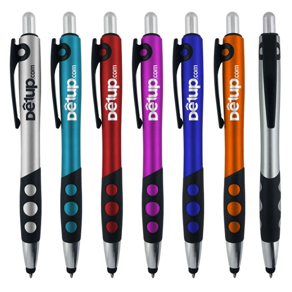 Click-action pen with a metallic-colored barrel, black rubber grip, chrome highlights,... from ASI 90859 Tempo Industries Inc