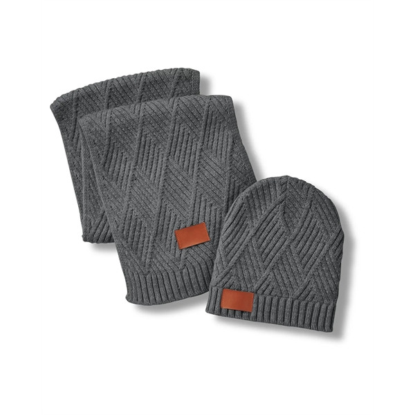 Knit gift set with a beanie, scarf, PU faux leather patch... from ASI 79530 Prime Line