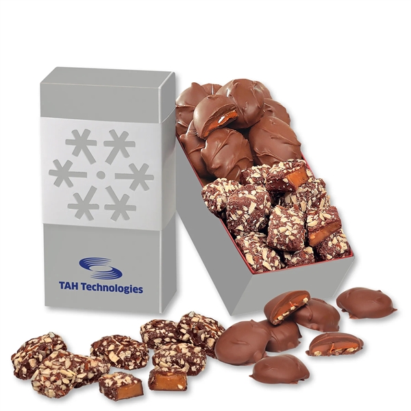 Silver gift box with snowflake wrap filled with toffee and turtles.... from ASI 68680 Maple Ridge Farms Inc