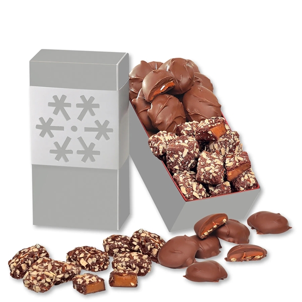 Silver gift box with snowflake wrap filled with toffee and turtles.... from ASI 68680 Maple Ridge Farms Inc