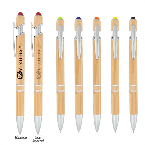 Bamboo ballpoint pen with plunger action mechanism and touchscreen stylus.... from ASI 61125 Hit Promotional Products / Hit®