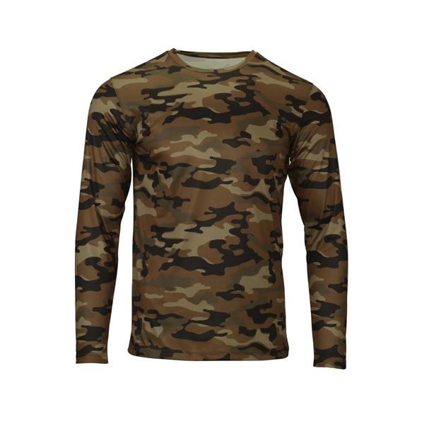 Woodland camo long sleeve tee made of 100% microfiber performance polyester.... from ASI 85988 Century Place Apparel