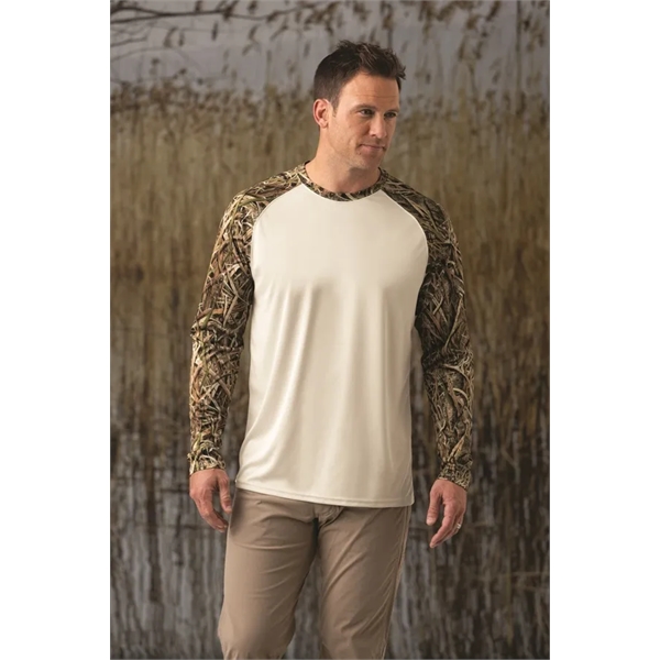 Long-sleeved performance tee with a solid body and camo sleeves.... from ASI 85988 Century Place Apparel