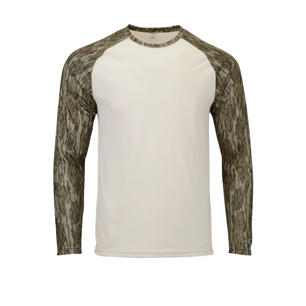 Long-sleeved performance tee with a solid body and camo sleeves.... from ASI 85988 Century Place Apparel
