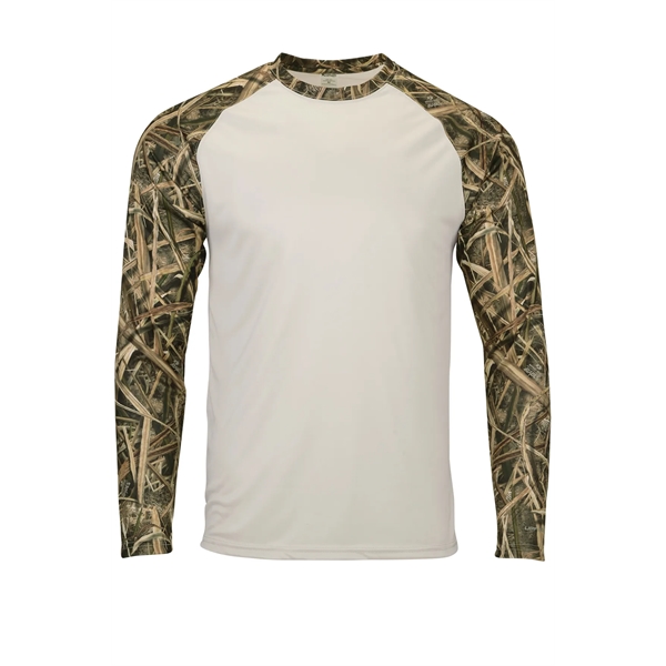 Long-sleeved performance tee with a solid body and camo sleeves.... from ASI 85988 Century Place Apparel