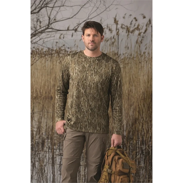 Long-sleeved full print performance tee that immerses you in bold camo... from ASI 85988 Century Place Apparel