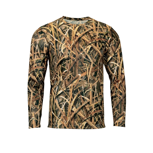 Long-sleeved full print performance tee that immerses you in bold camo... from ASI 85988 Century Place Apparel
