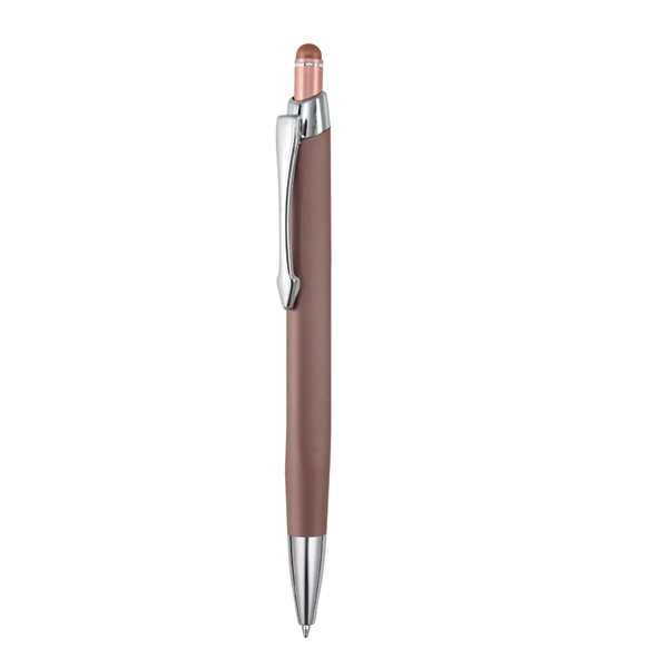 Triangular shaped, soft touch, colored metal retractable ballpoint with matching colored... from ASI 82498 RiteLine LLC