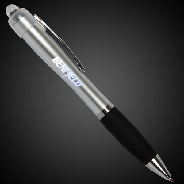 Silver ballpoint stylus pen with LED light, textured grip and pocket... from ASI 42016 Brighter Promotions Inc