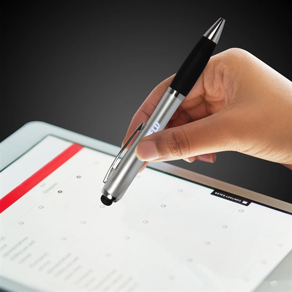 Silver ballpoint stylus pen with LED light, textured grip and pocket... from ASI 42016 Brighter Promotions Inc