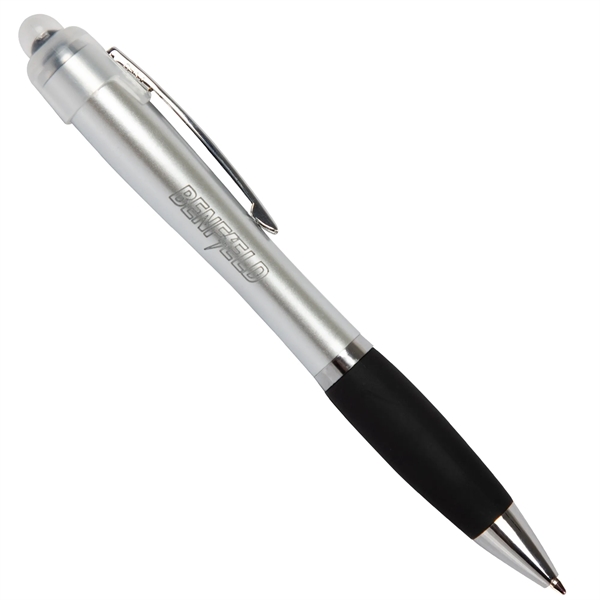 Silver ballpoint stylus pen with LED light, textured grip and pocket... from ASI 42016 Brighter Promotions Inc
