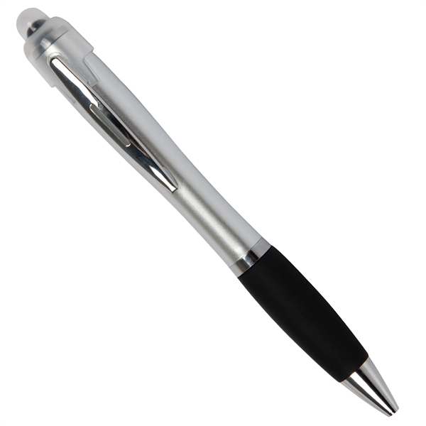 Silver ballpoint stylus pen with LED light, textured grip and pocket... from ASI 42016 Brighter Promotions Inc