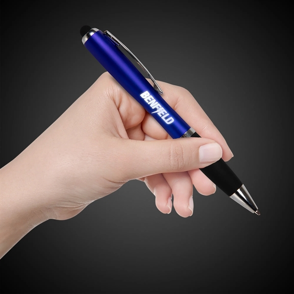 Blue ballpoint stylus pen with LED light, textured grip and pocket... from ASI 42016 Brighter Promotions Inc