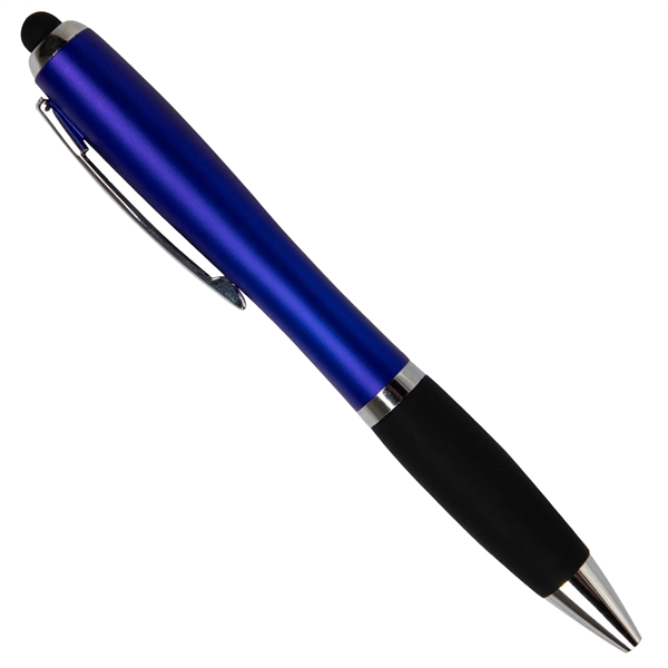 Blue ballpoint stylus pen with LED light, textured grip and pocket... from ASI 42016 Brighter Promotions Inc