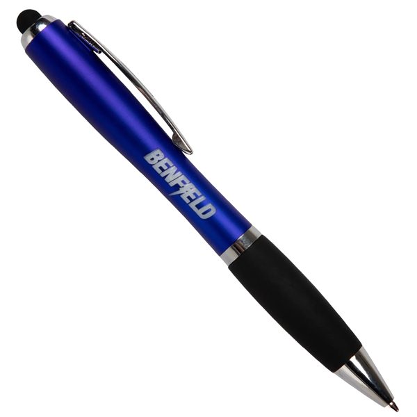 Blue ballpoint stylus pen with LED light, textured grip and pocket... from ASI 42016 Brighter Promotions Inc