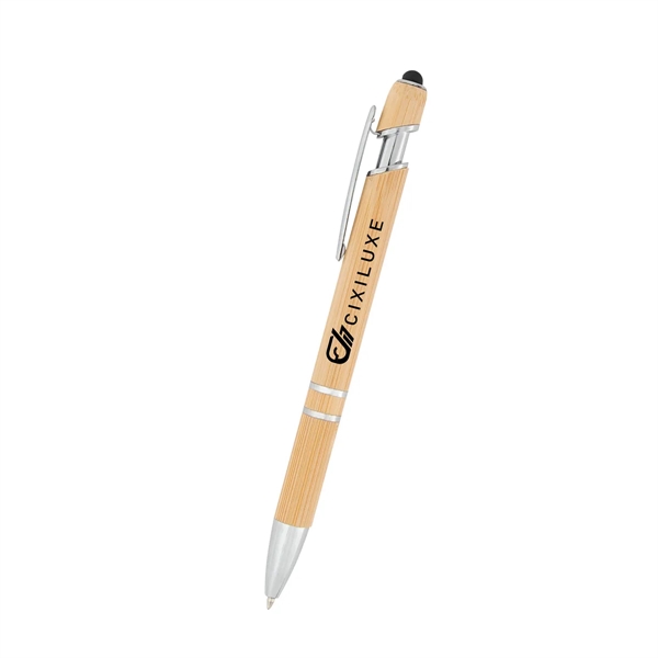 Bamboo ballpoint pen with plunger action mechanism and touchscreen stylus.... from ASI 61125 Hit Promotional Products / Hit®