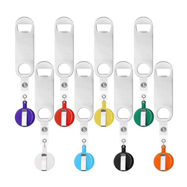 Stainless steel bottle opener with badge reel and 1 color silkscreen... from ASI 37218 Athena Promo (tm)