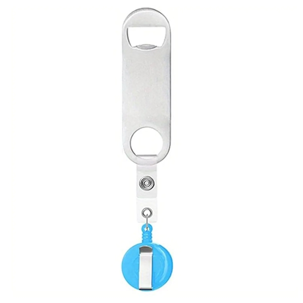 Stainless steel bottle opener with badge reel and 1 color silkscreen... from ASI 37218 Athena Promo (tm)