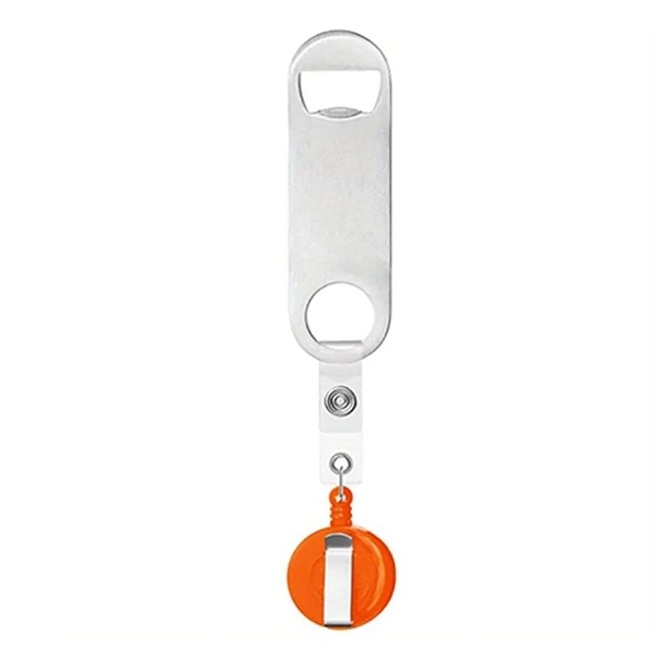 Stainless steel bottle opener with badge reel and 1 color silkscreen... from ASI 37218 Athena Promo (tm)
